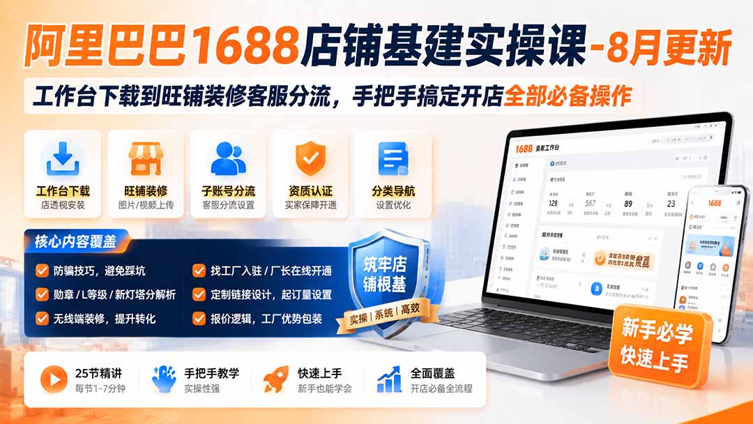 阿里巴巴1688店铺基建实操课-8月更新；工作台下载到旺铺装修客服分流，手把手搞定开店全部必备操作-资源宝库
