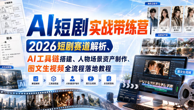 AI短剧实战带练营｜2026短剧赛道解析、AI工具链搭建、人物场景资产制作、图文生视频全流程落地教程-资源宝库