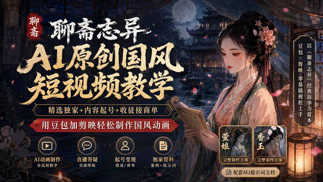 聊斋志异AI原创国风短视频教学-更新；精选独家+内容起号+收徒接商单，用豆包加剪映轻松制作国风动画-资源宝库
