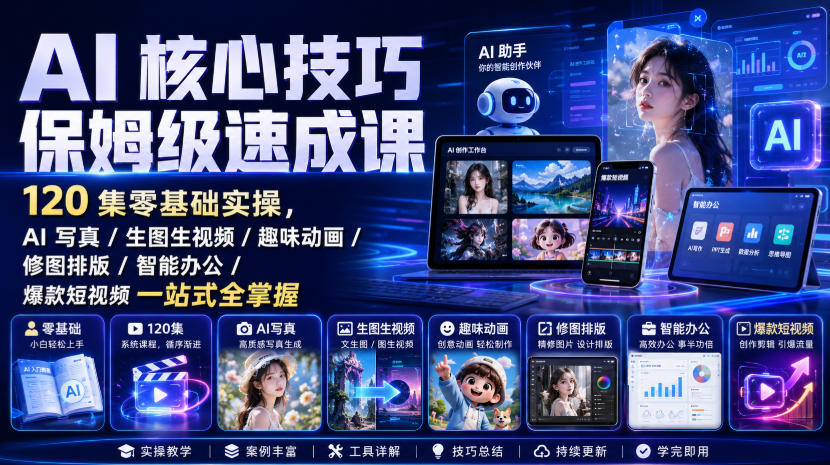 AI核心技巧保姆级速成课｜120集零基础实操，AI写真/生图生视频/趣味动画/修图排版/智能办公/爆款短视频一站式全掌握(更新)-资源宝库