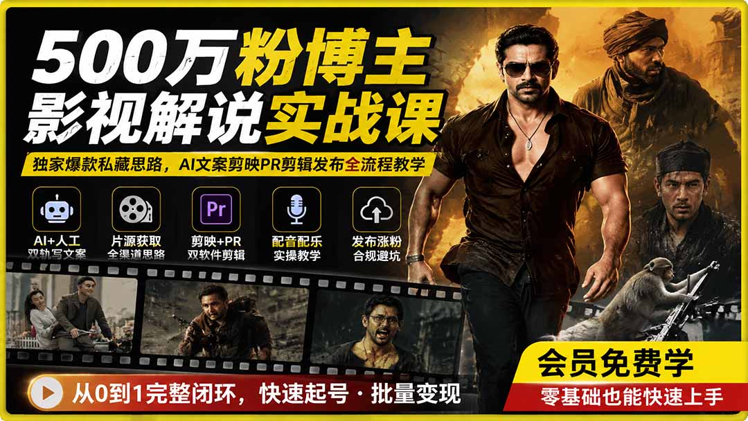 500万粉博主影视解说实战课｜独家爆款私藏思路，AI文案剪映PR剪辑发布全流程教学-资源宝库