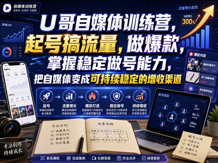 U哥自媒体训练营，起号搞流量，做爆款，掌握稳定做号能力，把自媒体变成可持续稳定的增收渠道-资源宝库