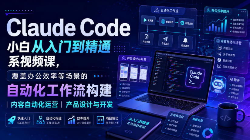 Claude Code小白从入门到精通系视频课，覆盖办公效率等场景的自动化工作流构建|内容自动化运营|产品设计与开发-资源宝库