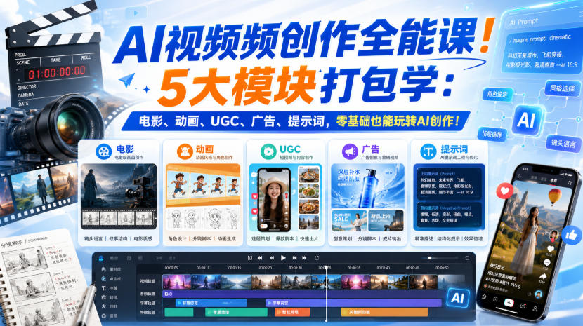 AI视频频创作全能课！5大模块打包学：电影、动画、UGC、广告、提示词，零基础也能玩转AI创作！【原创双语字幕】-资源宝库