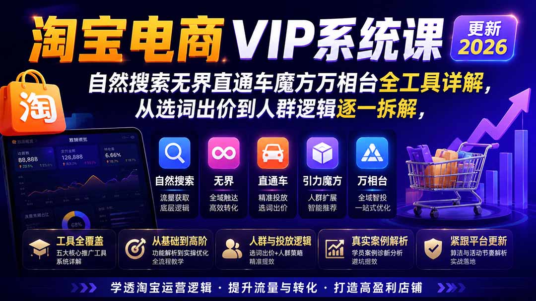 淘宝电商VIP系统课-更新8月；自然搜索无界直通车魔方万相台全工具详解，从选词出价到人群逻辑逐一拆解-资源宝库