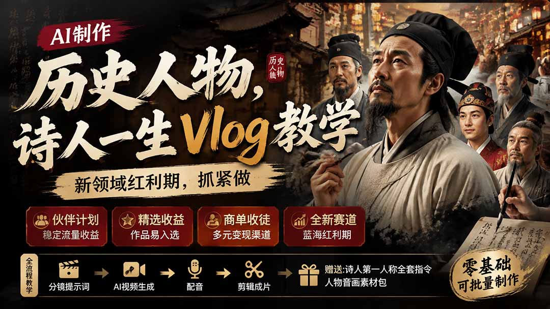 历史人物，诗人一生Vlog教学， AI制作丨伙伴计划丨精选收益丨商单收徒 ，新领域红利期，抓紧做-资源宝库