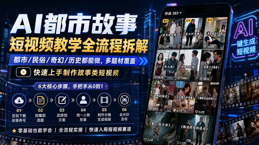AI都市故事短视频教学全流程拆解；都市/民俗/奇幻/历史都能做多题材覆盖，快速上手制作故事类短视频-资源宝库