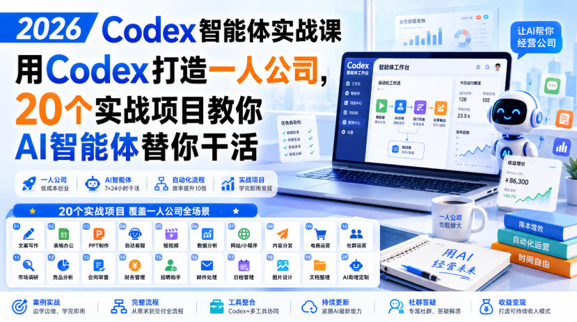 2026 Codex智能体实战课，用Codex打造一人公司，20个实战项目教你AI智能体替你干活-资源宝库