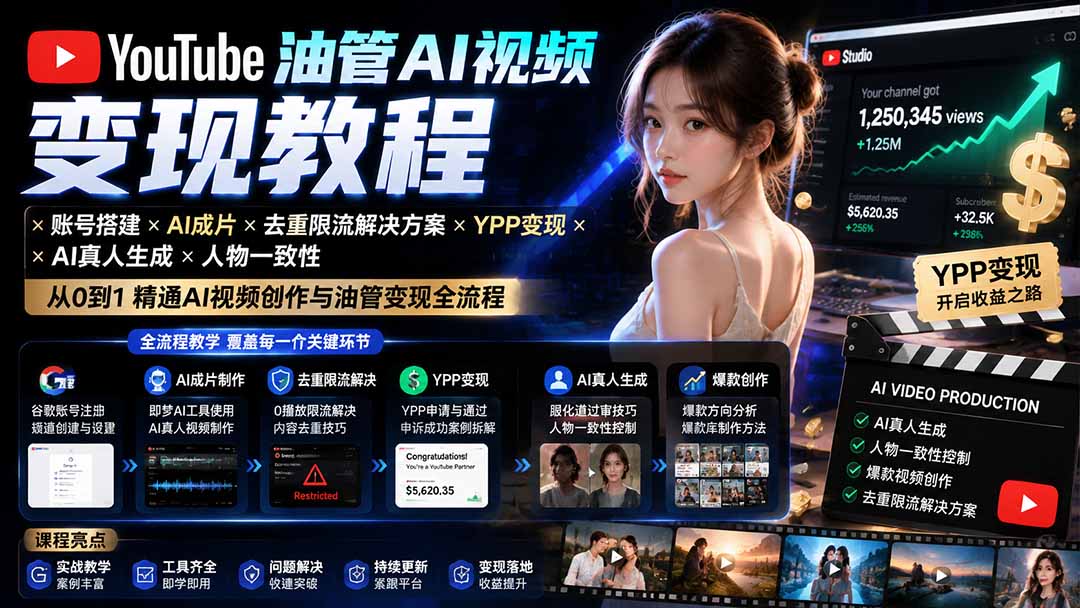 YouTube油管AI视频变现教程：账号搭建×AI成片×去重限流解决方案×YPP变现×AI真人生成×人物一致性-资源宝库