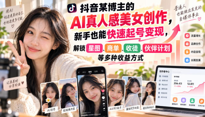 抖音某博主的AI真人感美女创作，新手也能快速起号变现，解锁星图，商单，收徒，伙伴计划等多种收益方式-资源宝库