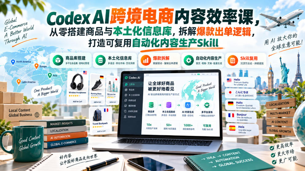 Codex AI跨境电商内容效率课，从零搭建商品与本土化信息库，拆解爆款出单逻辑，打造可复用自动化内容生产Skill-资源宝库