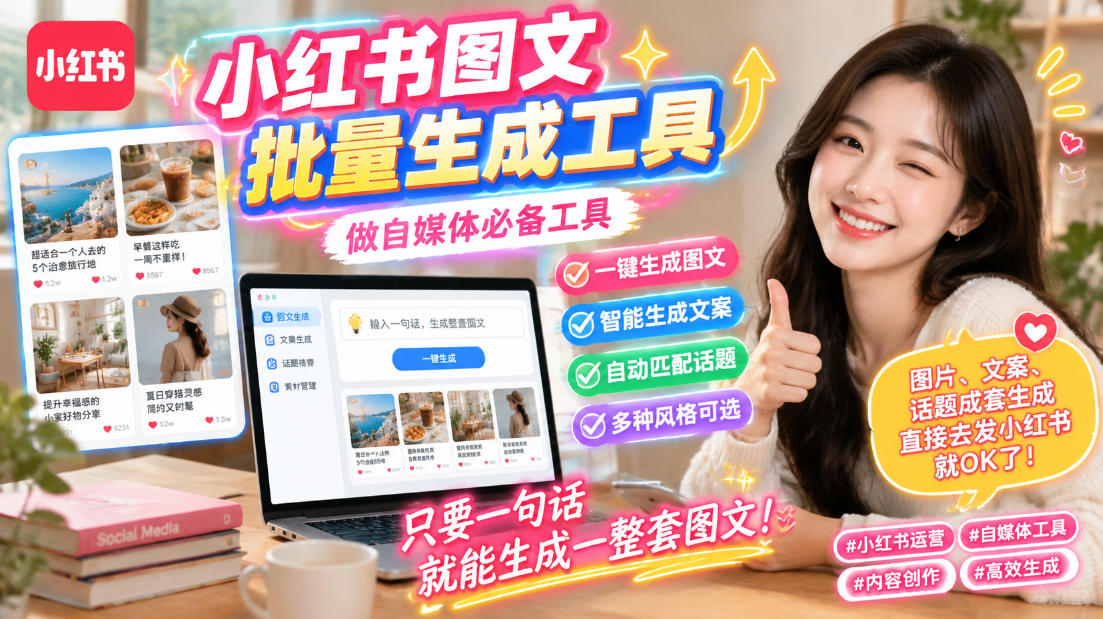 小红书图文批量生成工具，话题、文案、配图一键生成，直接发布，做自媒体必备工具-资源宝库