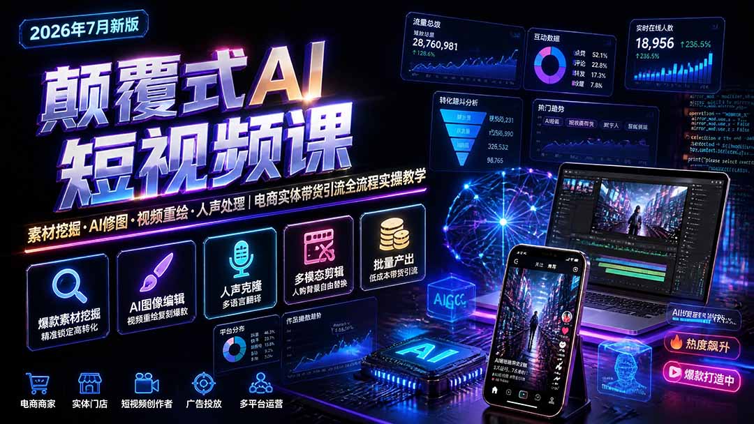 颠覆式AI短视频课-更新｜素材挖掘，AI修图，视频重绘，人声处理｜电商实体带货引流全流程实操教学-资源宝库