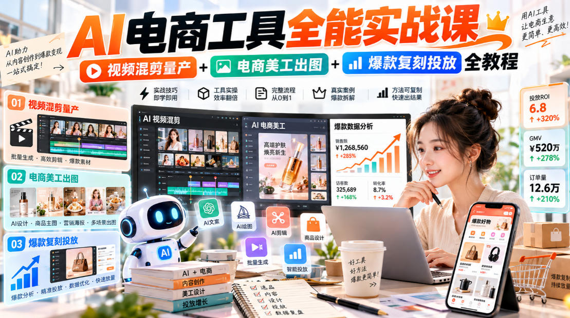 AI电商工具全能实战教学，视频混剪量产+电商美工出图+爆款复刻投放全教程​-资源宝库