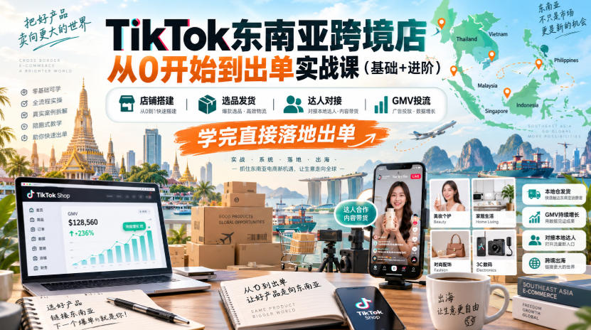 TikTok东南亚跨境店从0开始到出单实战课(基础+进阶)，店铺搭建、选品发货、达人对接、GMV投流，学完直接落地出单-资源宝库