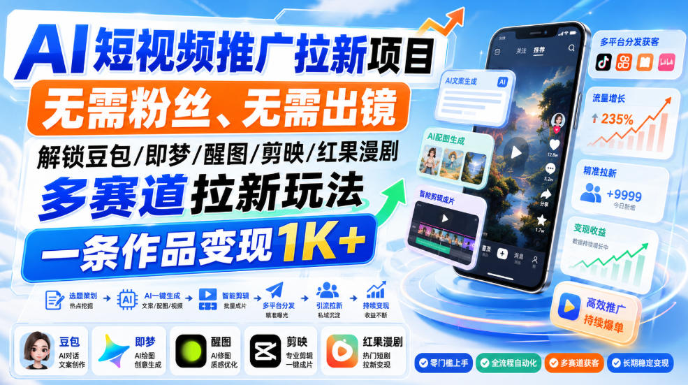 AI短视频推广拉新项目，无需粉丝、无需出镜，解锁豆包/即梦/醒图/剪映/红果漫剧多赛道拉新玩法，一条作品变现1K+(更新0918)-资源宝库