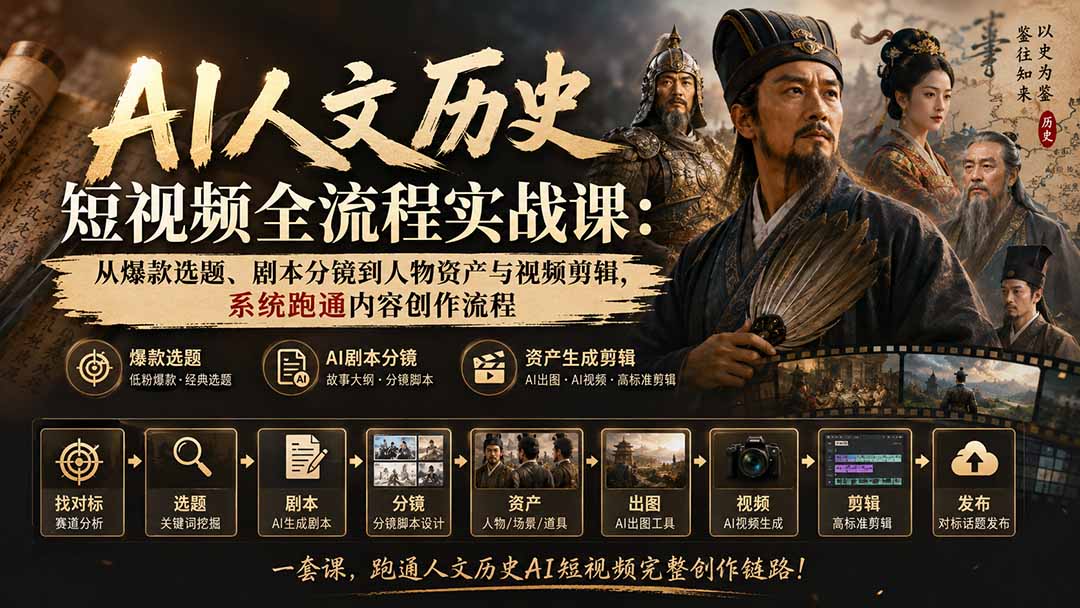 AI人文历史短视频全流程实战课-更新：从爆款选题、剧本分镜到人物资产与视频剪辑，系统跑通内容创作流程-资源宝库