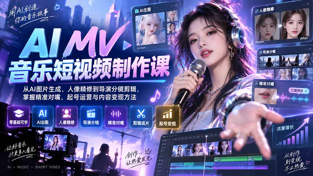 AI MV音乐短视频制作课：从AI图片生成、人像精修到导演分镜剪辑，掌握精准对嘴、起号运营与内容变现方法-资源宝库
