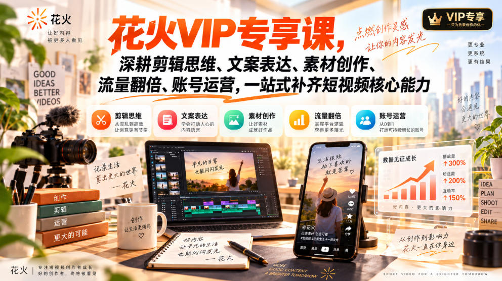 花火VIP专享课，深耕剪辑思维、文案表达、素材创作、流量翻倍、账号运营，一站式补齐短视频核心能力-资源宝库