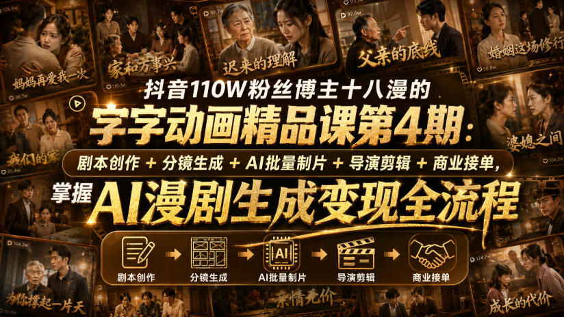 抖音110W粉丝博主十八漫的字字动画精品课第4期：剧本创作+分镜生成+剪辑+商业接单，掌握AI漫剧生成变现全流程(更新0916)-资源宝库