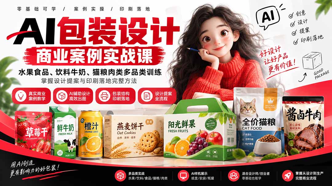 AI包装设计商业案例实战课：水果食品、饮料牛奶、猫粮肉类多品类训练，掌握设计提案与印刷落地完整方法-资源宝库