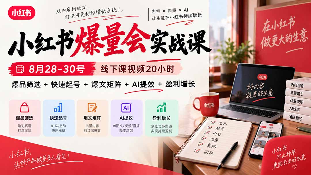 小红书爆量会实战课-更新9月23：线下课视频20小时，爆品筛选+快速起号+爆文矩阵+AI提效+盈利增长-资源宝库