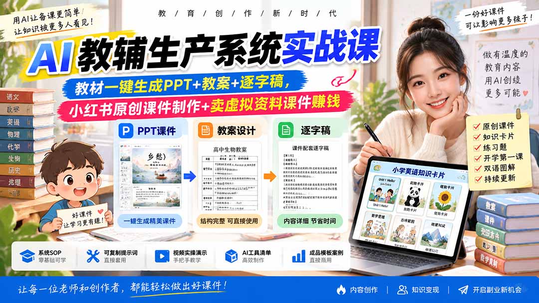 AI教辅生产系统实战课-更新0926｜教材一键生成PPT+教案+逐字稿，小红书原创课件制作+卖虚拟资料课件赚钱-资源宝库