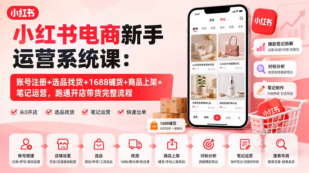 小红书电商新手运营系统课：账号注册+选品找货+1688铺货+商品上架+笔记运营，跑通开店带货完整流程-资源宝库