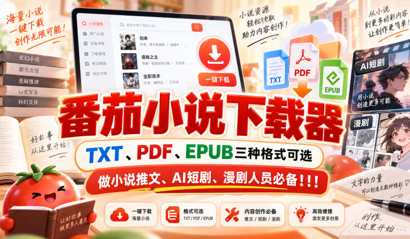 番茄小说下载器，TXT、PDF、EPUB三种格式可选，做小说推文、AI短剧、漫剧人员必备！！！-资源宝库