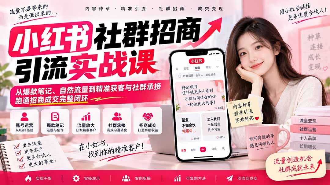 小红书社群招商引流实战课-无水印：从爆款笔记、自然流量到精准获客与社群承接，跑通招商成交完整闭环-资源宝库