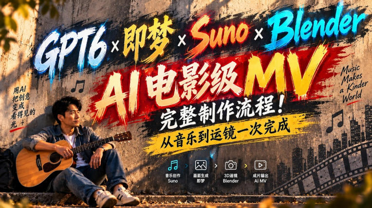 GPT6×即梦×Suno×Blender｜AI电影级MV完整制作流程！从音乐到运镜一次完成！-资源宝库