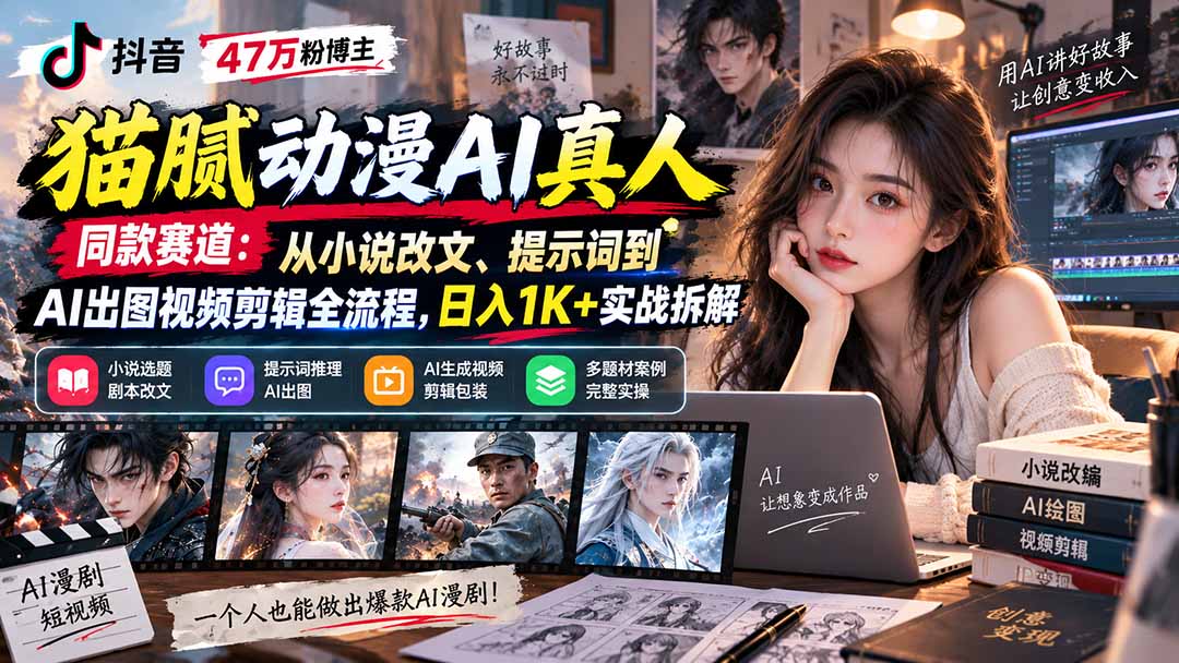 抖音47万粉博主猫腻动漫AI真人同款赛道：从小说改文、提示词到AI出图视频剪辑全流程，日入1K+实战拆解-资源宝库