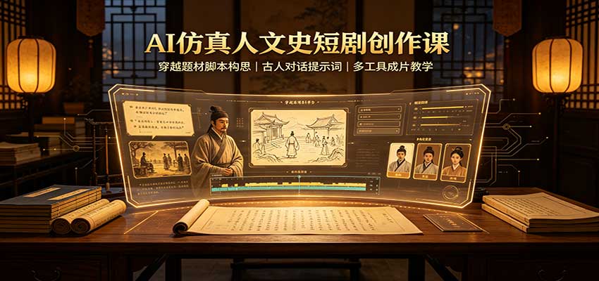 AI仿真人文史短剧创作课：穿越题材脚本构思，古人对话提示词，多工具成片教学-资源宝库