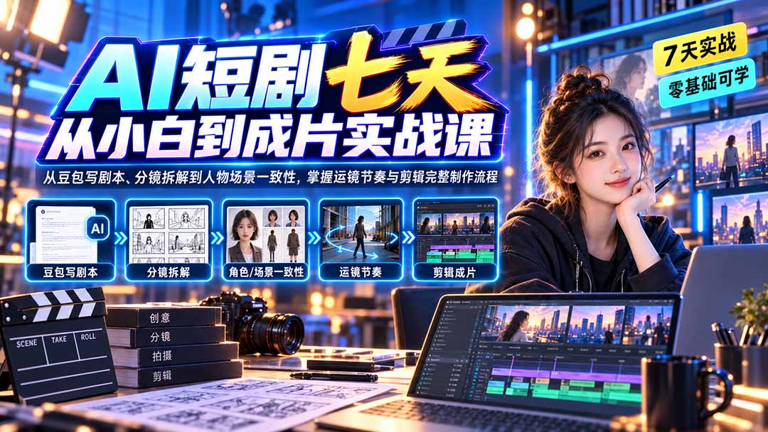 AI短剧七天从小白到成片实战课：从豆包写剧本、分镜拆解到人物场景一致性，掌握运镜节奏与剪辑完整制作流程-资源宝库