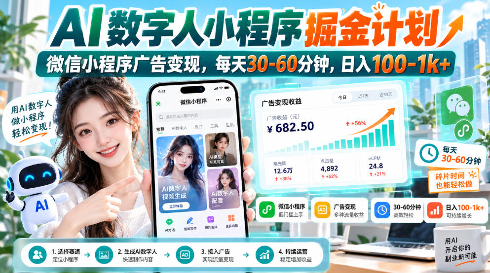 【无水印】AI数字人小程序掘金计划，微信小程序广告变现，每天30‑60分钟，日入100‑1k+-资源宝库