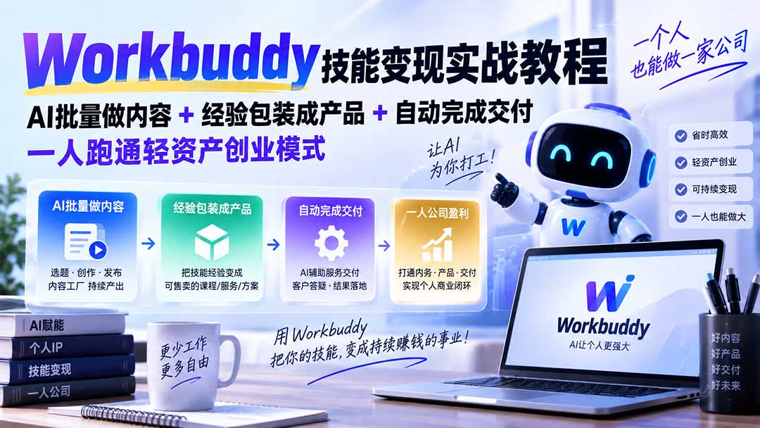 Workbuddy技能变现实战教程：AI批量做内容+经验包装成产品+自动完成交付，一人跑通轻资产创业模式-资源宝库
