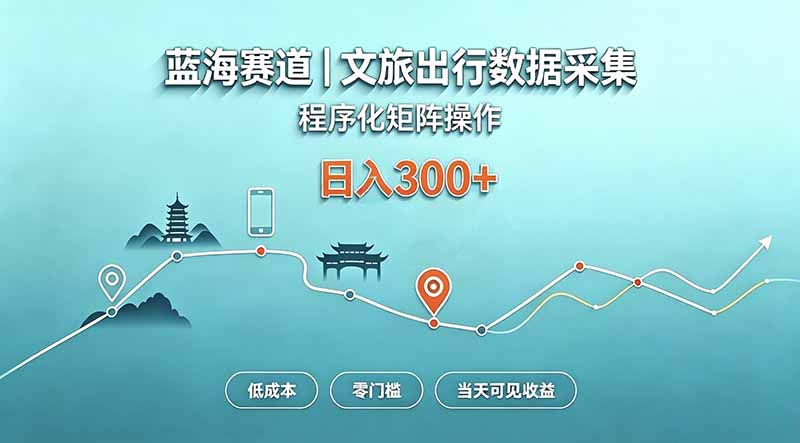 蓝海赛道  文旅出行数据采集  程序化矩阵操作    低成本  零门槛   当天可见收益   日入300+-资源宝库
