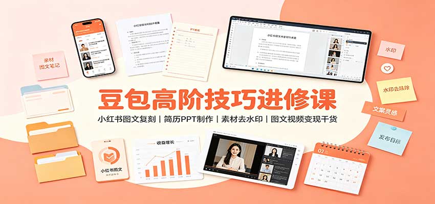 豆包高阶技巧进修课：小红书图文复刻，简历PPT制作，素材去水印，图文视频变现干货-资源宝库