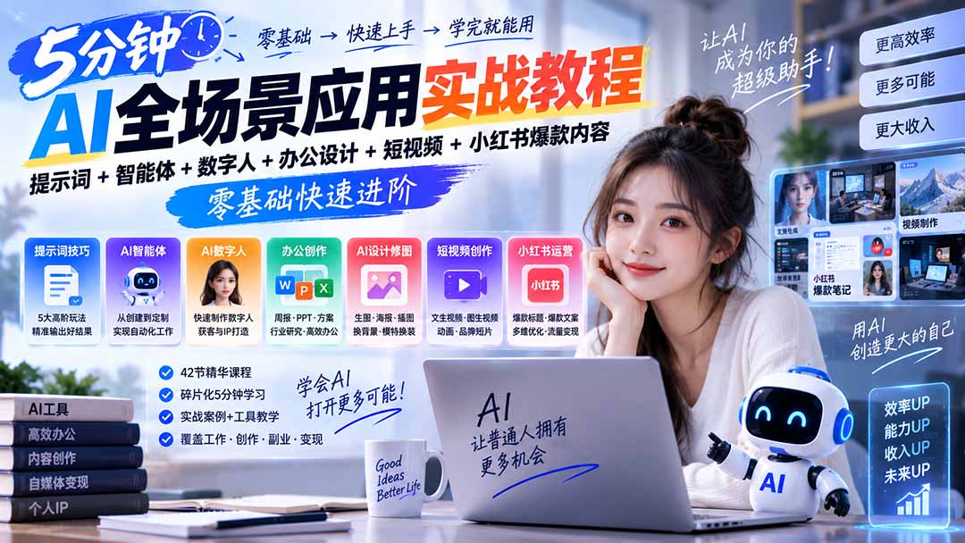 AI全场景应用实战教程｜提示词+智能体+数字人+办公设计+短视频+小红书爆款内容，零基础快速进阶-资源宝库