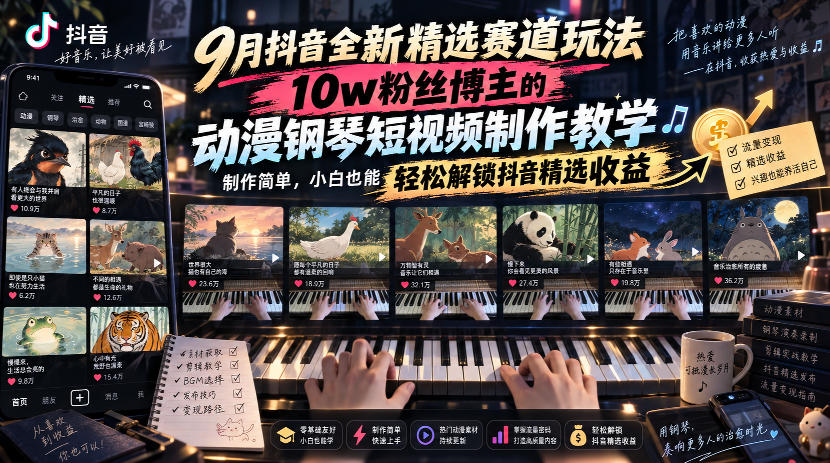 9月抖音全新精选赛道玩法，10w粉丝博主的动漫钢琴短视频制作教学，制作简单，小白也能轻松解锁抖音精选收益-资源宝库