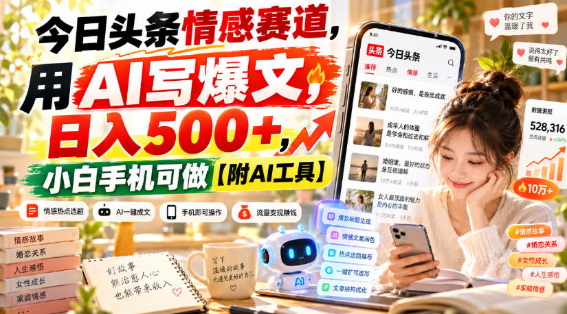 今日头条情感赛道，用AI写爆文，日入500+，小白手机可做【附AI工具】-资源宝库