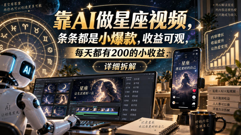 靠AI做星座视频，条条都是小爆款，收益可观，每天都有200的小收益，详细拆解-资源宝库