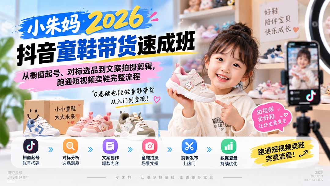 小朱妈2026抖音童鞋带货速成班：从橱窗起号、对标选品到文案拍摄剪辑，跑通短视频卖鞋完整流程-资源宝库