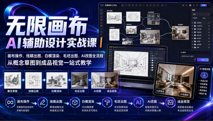 无限画布AI辅助设计实战课｜画布操作、线稿出图、白模渲染、毛坯出图、AI改图全流程，从概念草图到成品视觉一站式教学(更新0923)-资源宝库