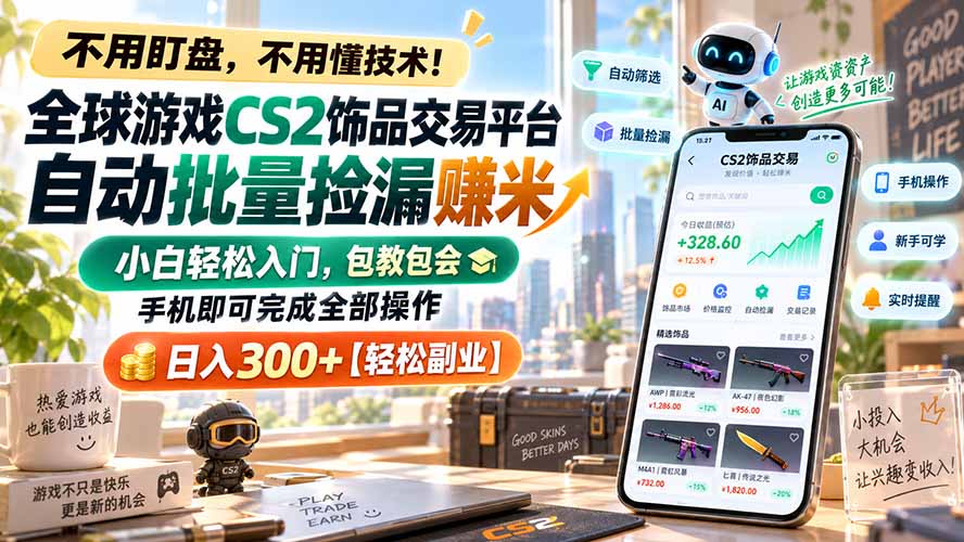 全球游戏CS2饰品交易平台自动批量捡漏赚米，小白轻松入门，包教包会，手机即可完成全部操作，日入300+【轻松副业】-资源宝库