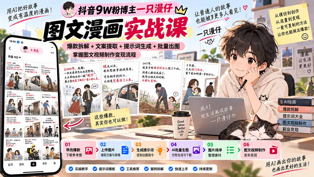 抖音9W粉博主一只漫仔图文漫画课：爆款拆解+文案提取+提示词生成+批量出图，掌握图文视频制作变现流程-资源宝库