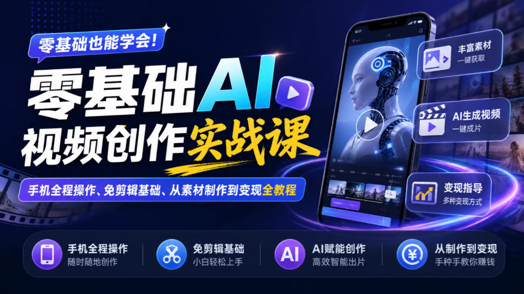 零基础AI视频创作实战课｜手机全程操作、免剪辑基础、从素材制作到变现全教程​-资源宝库