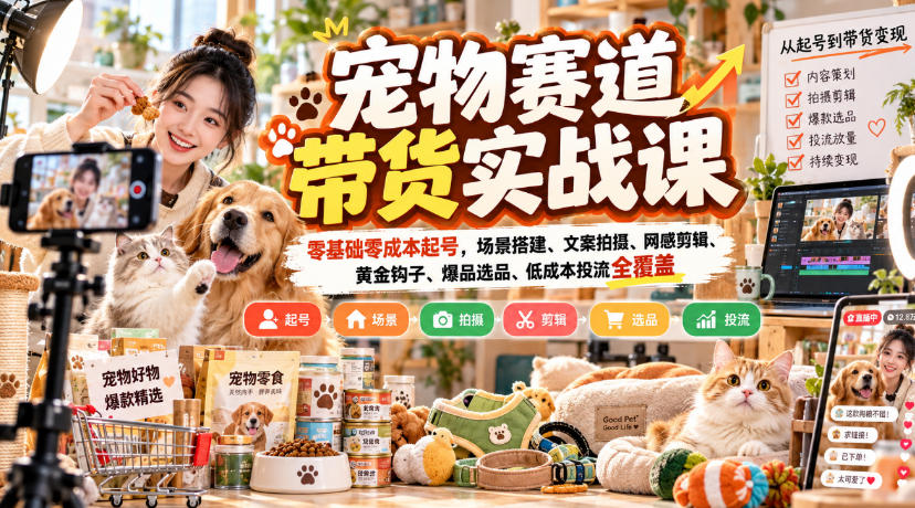 宠物赛道带货实战课，零基础零成本起号，场景搭建、文案拍摄、网感剪辑、黄金钩子、爆品选品、低成本投流全覆盖-资源宝库