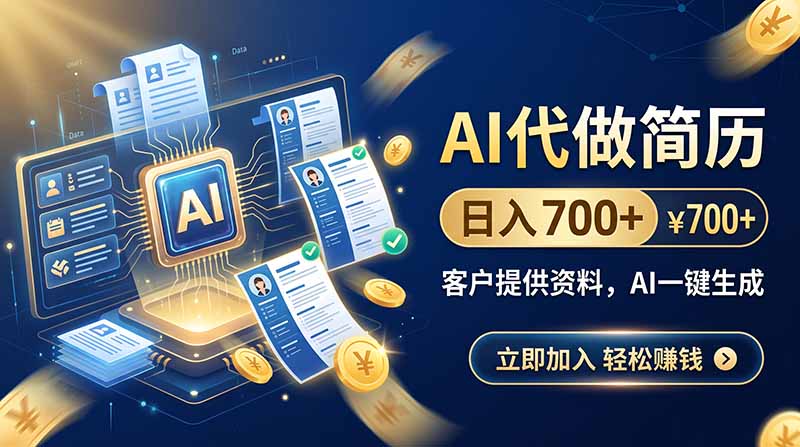 AI代做简历，日入700+，客户提供资料，AI一键生成-资源宝库