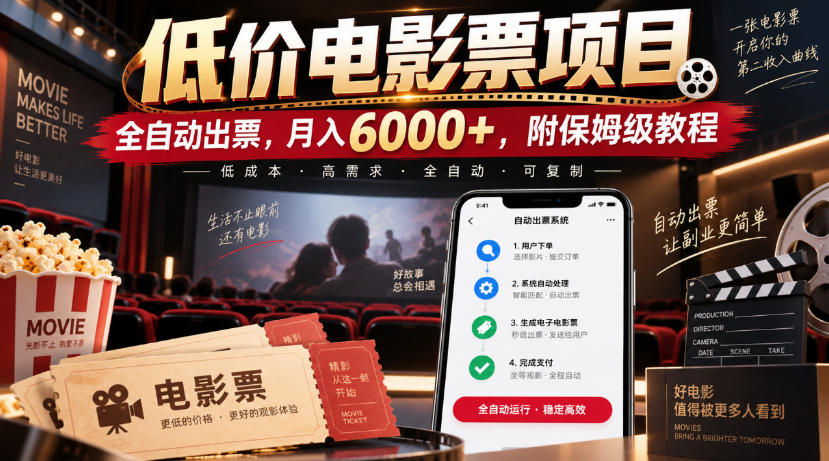 低价电影票项目，全自动出票，月入6000+，附保姆级教程【揭秘】-资源宝库